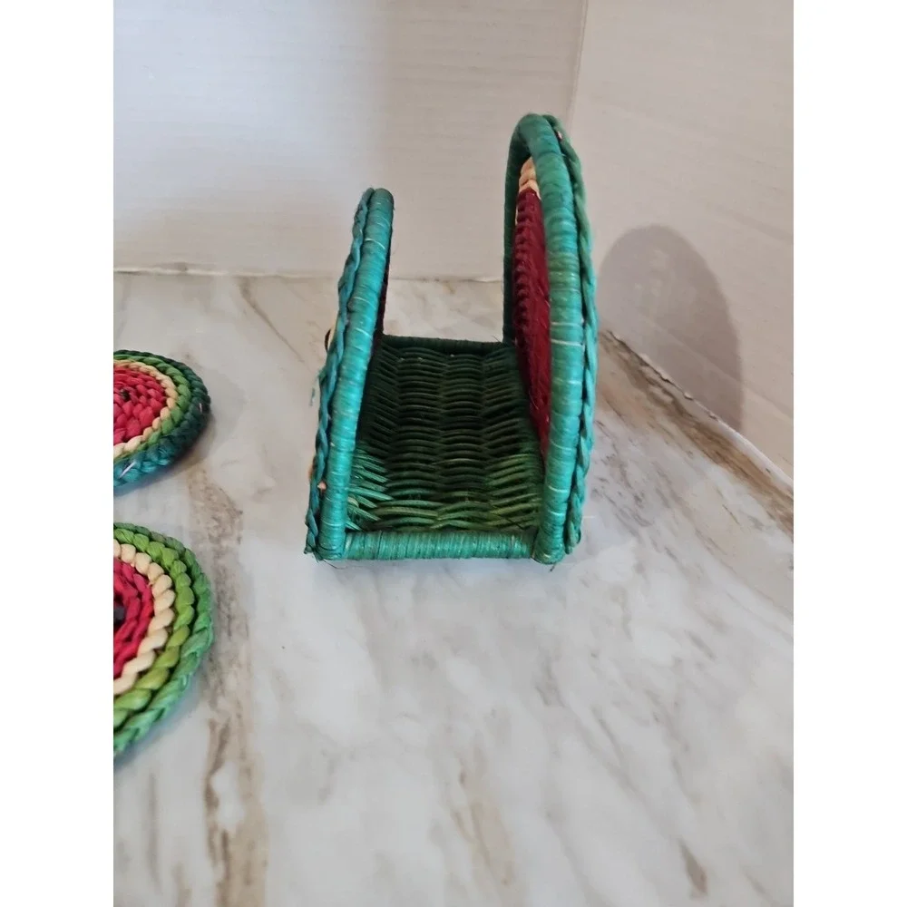 VTG Watermelon Napkin Holder Black Wooden Beads Coasters Summer BBQ Picnic